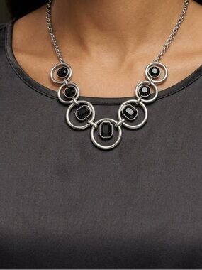 Silver-Tone Circle Link Necklace with Black Stone Centers